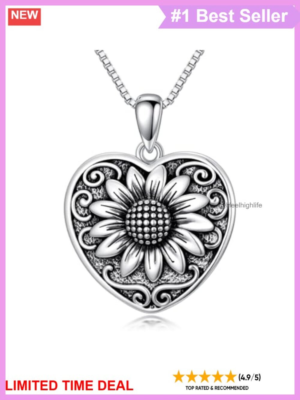 925 Sterling Silver Sunflower Heart Pendant Necklace Box Chain 18in